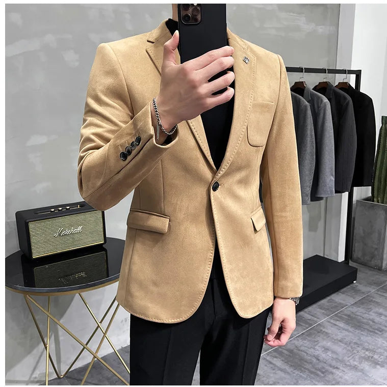 Men's Deerskin Fleece Suit Jacket 2025 Spring New High Quality Single Button Slim Fit Business Casual Suit Coat  Men Clothing