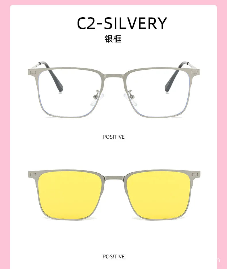 Fashion Square Metal Frame 3 in 1 Magnet Clip On Glasses Polarized Sunglasses Man Night Vision Clip Anti Blue Light Glasses