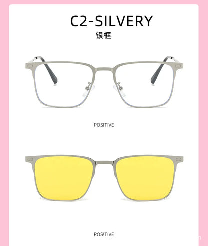 Fashion Square Metal Frame 3 in 1 Magnet Clip On Glasses Polarized Sunglasses Man Night Vision Clip Anti Blue Light Glasses