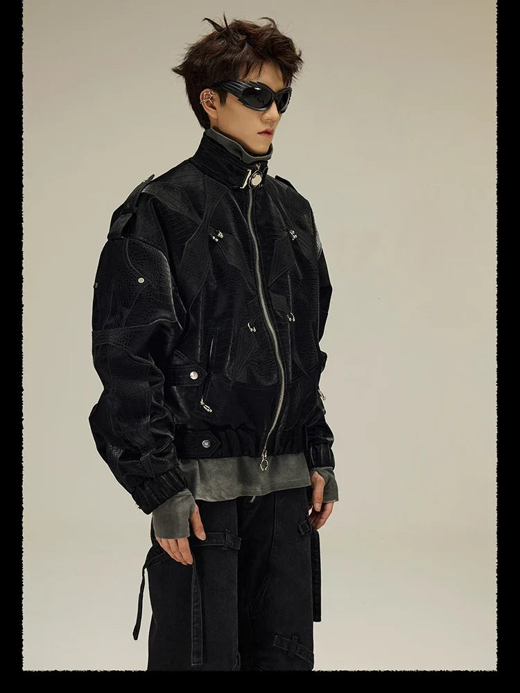 Spring Autumn Cool Short Shiny Black Crocodile Print Pu Leather Jacket Men Luxury Designer Y2K Streetwear Clothes