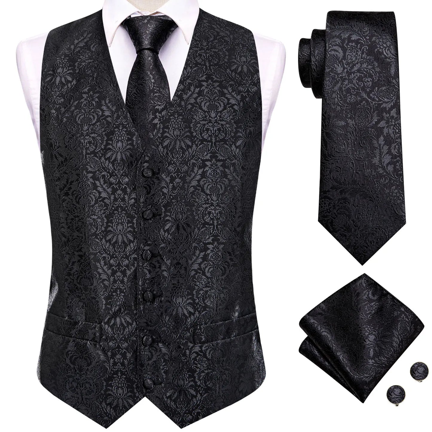 4PC Black Silk Mens Suit Vests Woven Floral Waistcoat Tie Pocket Square Cufflink Business Wedding Dress Waist Jacket