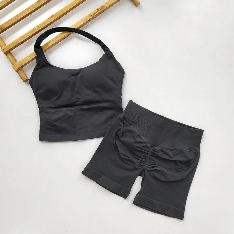Yoga 2 Pieces Gym Set Women Backless Halter Tops High Waist Seamless Shorts Gym Suit Fitness Sports Bras Sportswear Workout Sets