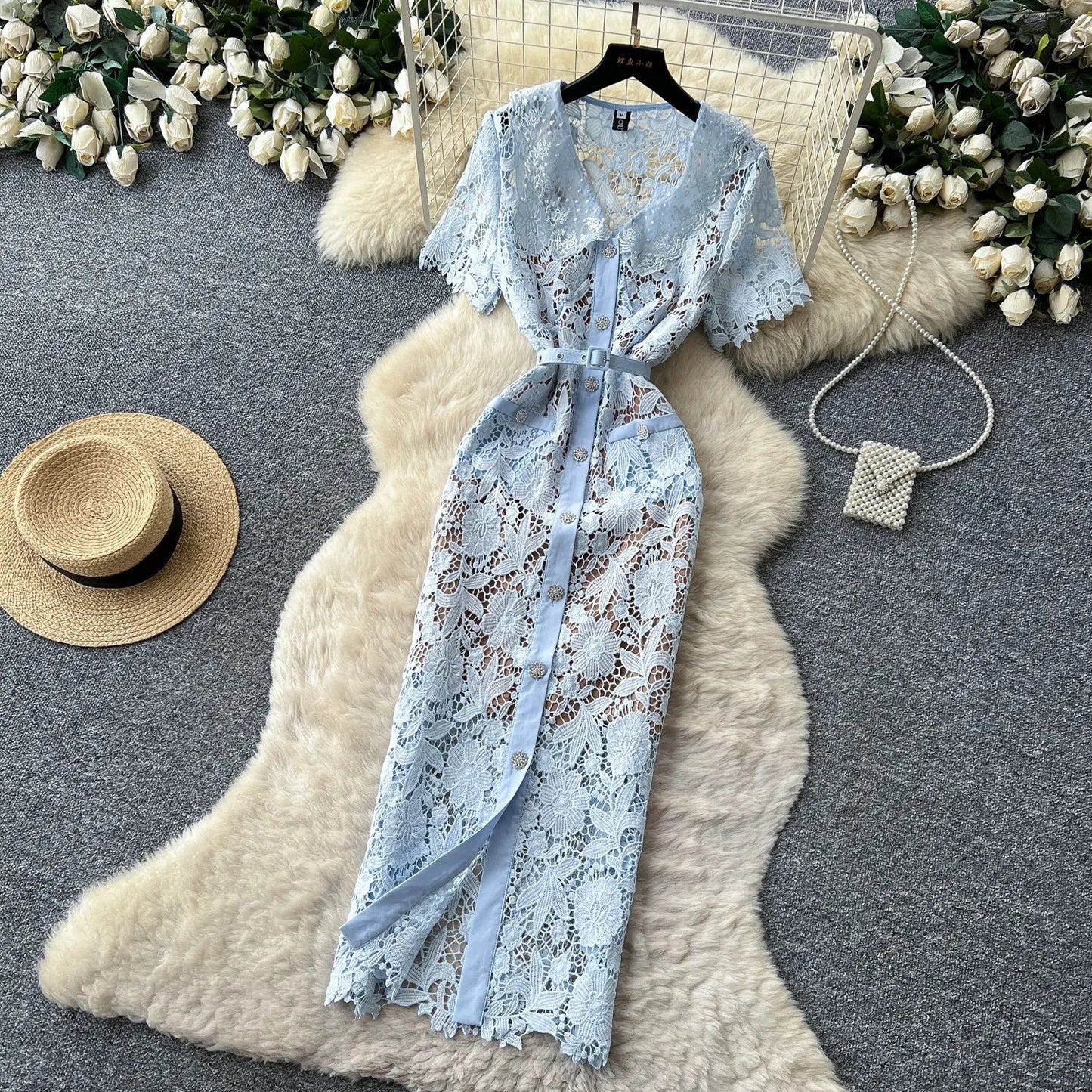 Classy Vintage Flower Lace Dress Office Lady Hollow Out Sashes Short Sleeve Bodycon French Senior Straight Long Dress