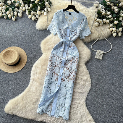 Classy Vintage Flower Lace Dress Office Lady Hollow Out Sashes Short Sleeve Bodycon French Senior Straight Long Dress