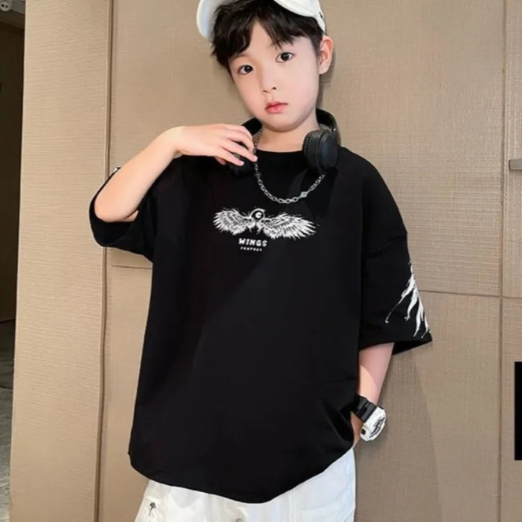 2026 Summer Kids Wing T-Shirt Cotton Loose Stylish Boy's Shirt Big Kids Summerwear