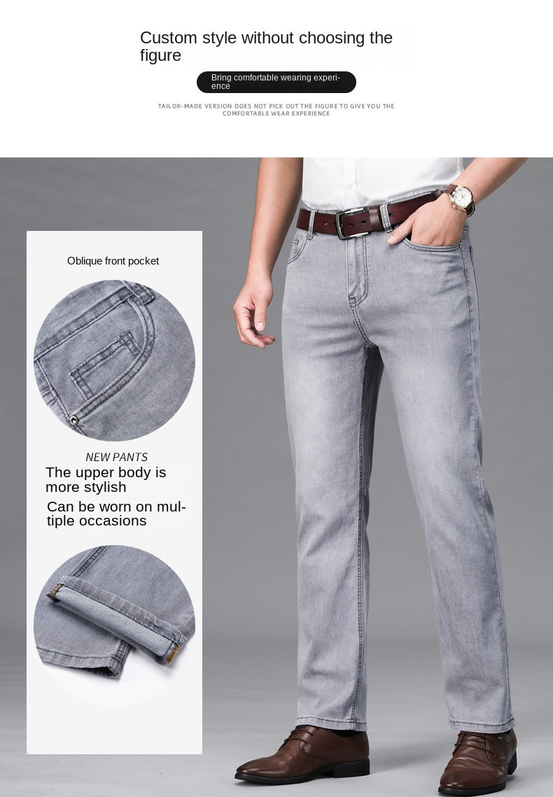 2024 Brand Thin or Thick Material Straight Cotton Stretch Denim Men's  Business Casual High Waist Light Grey Blue Jeans