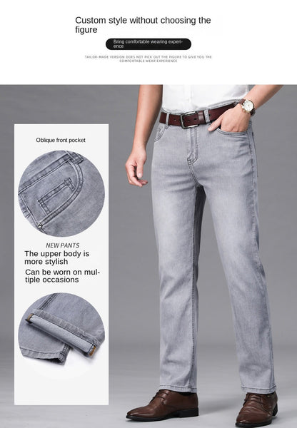 2024 Brand Thin or Thick Material Straight Cotton Stretch Denim Men's  Business Casual High Waist Light Grey Blue Jeans