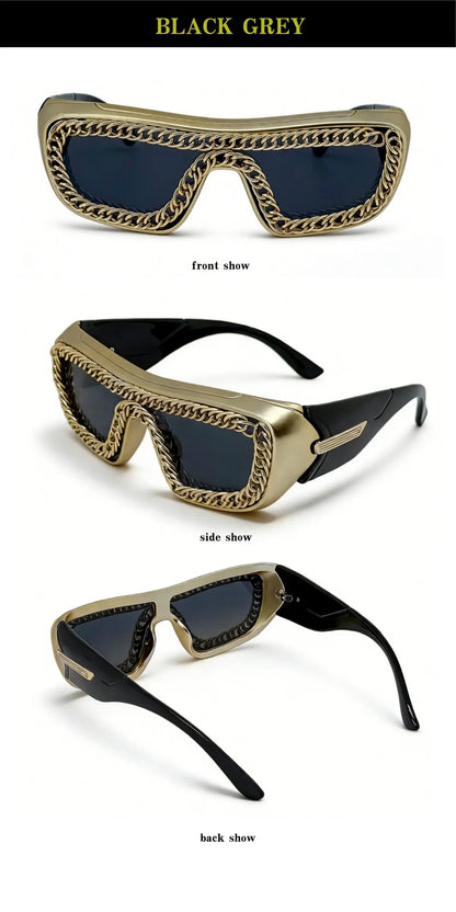 Luxury Gold Chain Small Rectangle Sunglasses Man Thick Frame Punk Rock Hip Hop Party Cool Shades UV400 gafas sol hombre