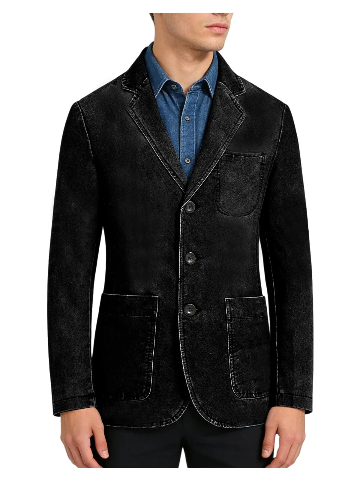 Men‘s Casual Denim Blazer Notch Lapel Jean Jacket Lightweight Stretch Suit Sport Coat with Pockets