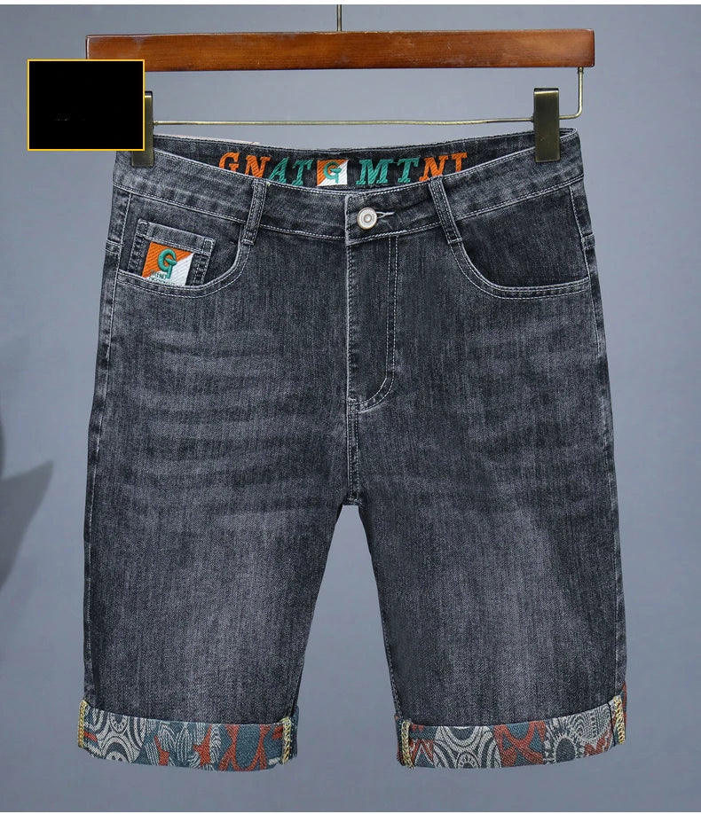 Summer New Men's Embroidered Denim Shorts Fashion Straight Slim Personality Streetwear Jeans Male Bermuda Male Short Pants