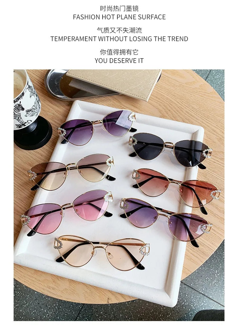2026 Women Elegant Oval Metal Frame Cat Eye Sunglasses Hollow Rhinestone Wreath Temple UV Protection Gradient Lens Sun Shades