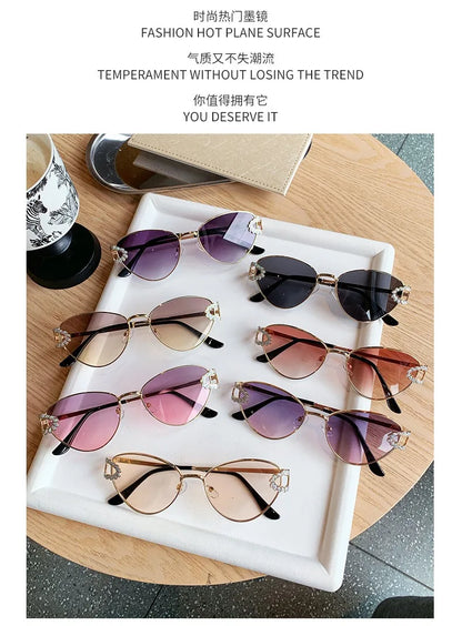 2026 Women Elegant Oval Metal Frame Cat Eye Sunglasses Hollow Rhinestone Wreath Temple UV Protection Gradient Lens Sun Shades
