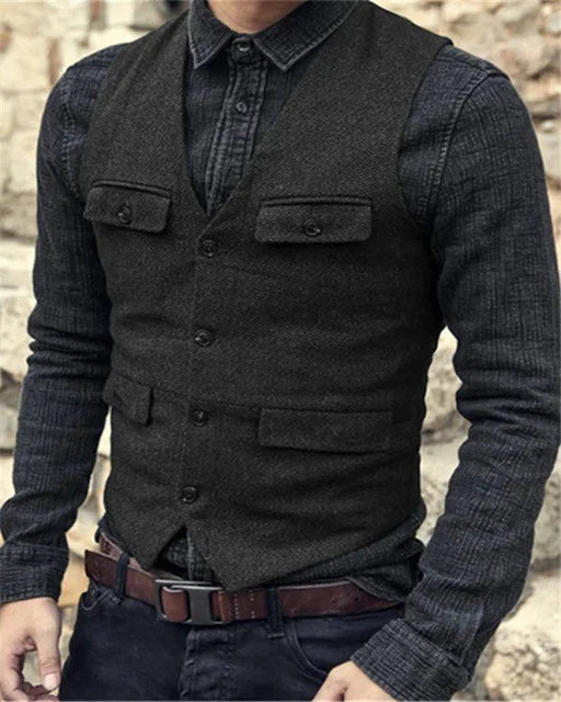 Men Vest V Neck Classic Steampunk Suit Wool Tweed Notch Lapel Thick Tweed For Wedding Groom Banquet Waistcoat
