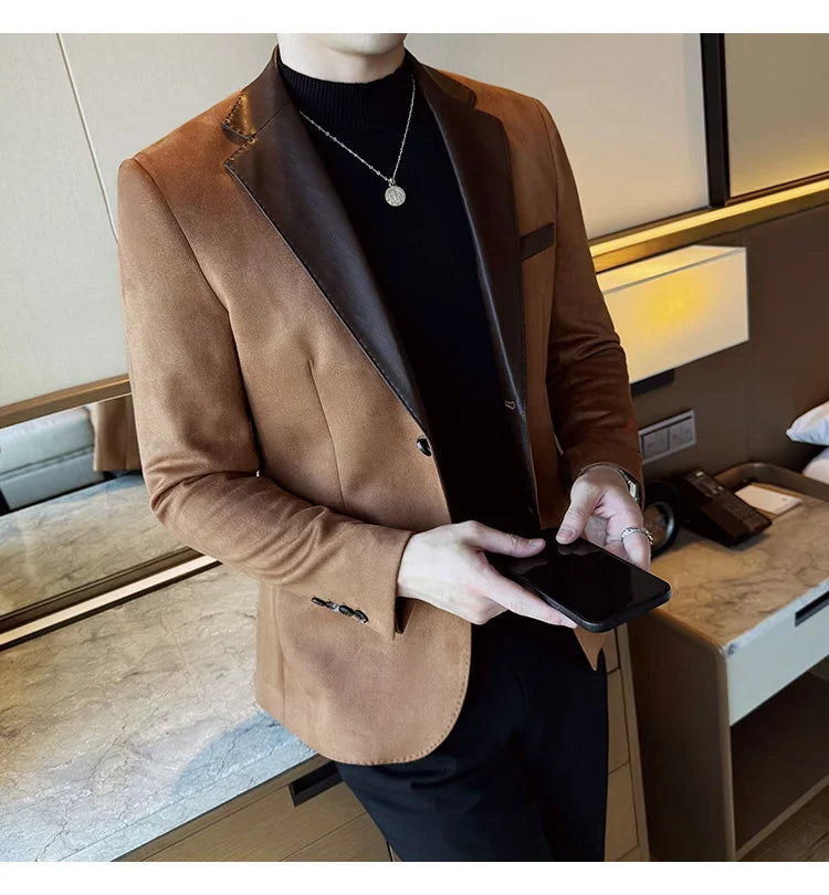 High Quality Deerskin Velvet Splicing Leather Collar Suit Blazers Men Casual Business Slim Coats Mens Social Wedding Clothing
