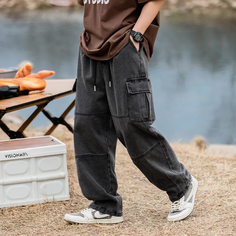 Korean men clothing Japanese style three-dimensional pocket jeans spring new retro vintage washed water workwear men's pants