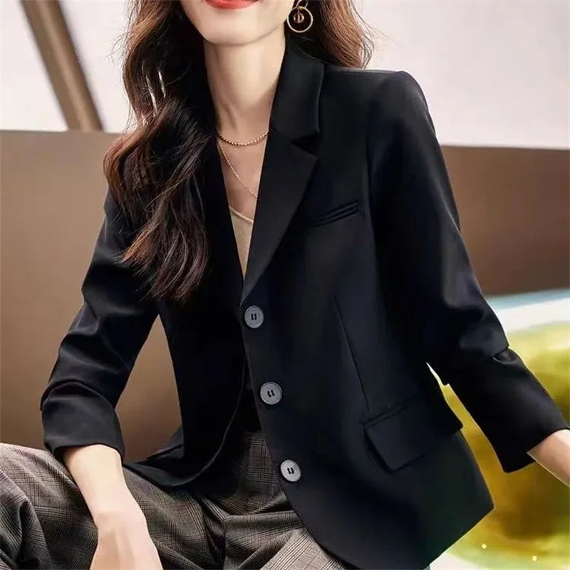 Coffee Small Blazer Jacket Spring Autumn Women Short Suit Coat Korean Casual Long Sleeve Single Breasted Blazers Solid Short Top