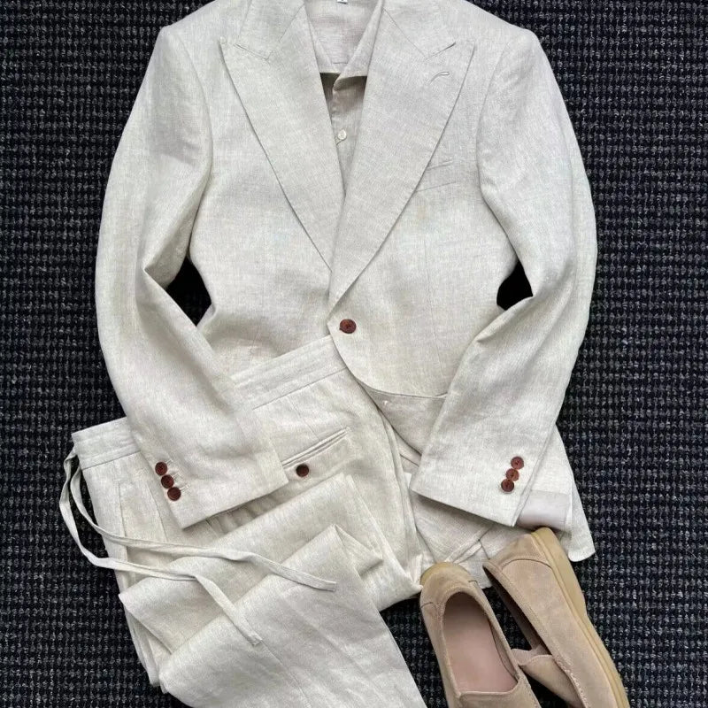 British Style Mens Linen Thin Suit Sets Slim Single Breasted Retro Blazers Pant Outfits Spring Summer Male Coat Two-Piece Set