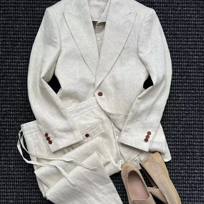 British Style Mens Linen Thin Suit Sets Slim Single Breasted Retro Blazers Pant Outfits Spring Summer Male Coat Two-Piece Set