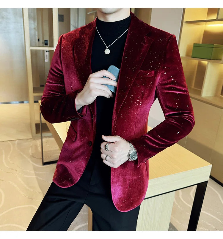 High Quality Velvet Bronzing Suit Coats Mens Sparkle Elegant Slim Business Suits Jacket Homme Formal Social Prom Party Tuxedos