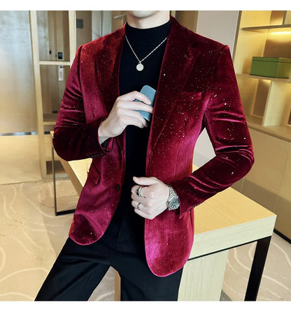 High Quality Velvet Bronzing Suit Coats Mens Sparkle Elegant Slim Business Suits Jacket Homme Formal Social Prom Party Tuxedos