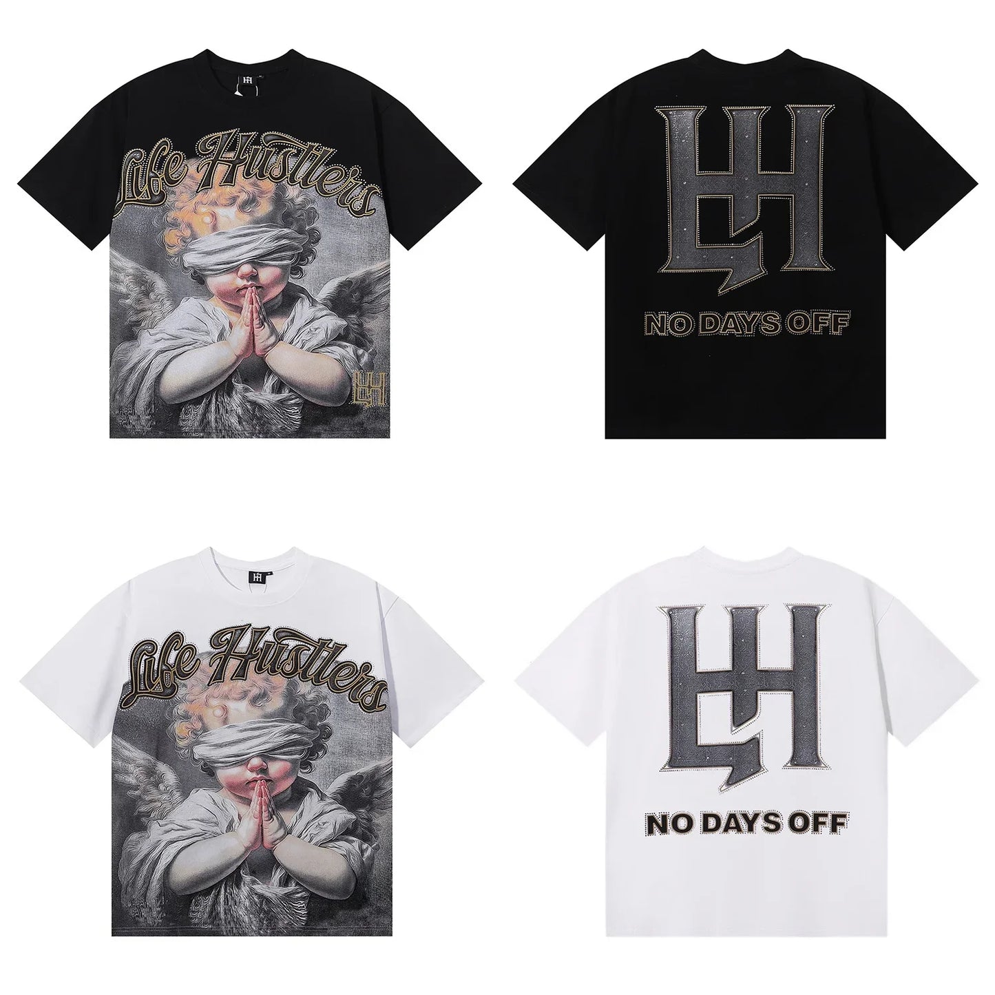 Life Hustlers Angel Baby Print High Street Loose Unisex Short Sleeve T-Shirt Prayer Cross Design Cotton American Style round ...