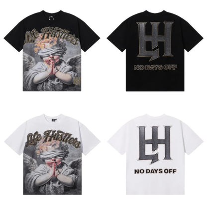 Life Hustlers Angel Baby Print High Street Loose Unisex Short Sleeve T-Shirt Prayer Cross Design Cotton American Style round ...
