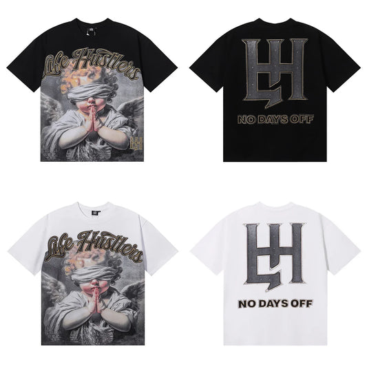 Life Hustlers Angel Baby Print High Street Loose Unisex Short Sleeve T-Shirt Prayer Cross Design Cotton American Style round ...