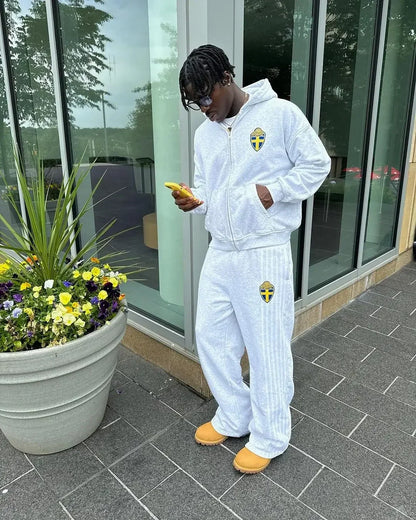 Fashion Retro Stripe Embroidery Zipper Hoodie Sweater Set Men's Two-Piece Set Hip Hood Embroidery Oversized Sweater Men's Set