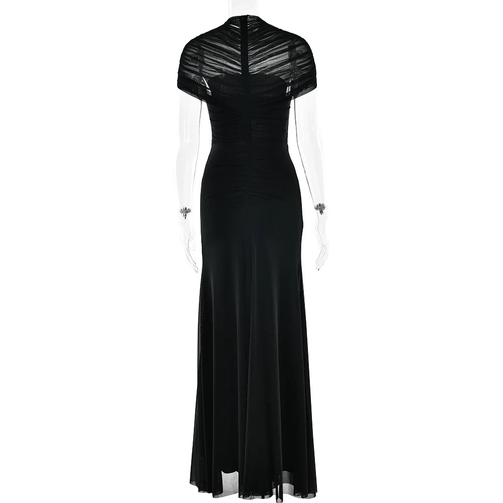 New Ruched Irregular Mesh Dress Women Patchwork High Neck Short Sleeve Hollow Out Long Dresses Female Party Maxi Dresses Outfits