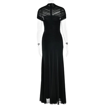 New Ruched Irregular Mesh Dress Women Patchwork High Neck Short Sleeve Hollow Out Long Dresses Female Party Maxi Dresses Outfits