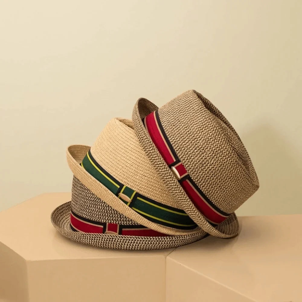 Fashion Vintage British Trilby Straw Hat Breathable Cuban Travel Cap Beach Sun Hat Handwoven Men's Summer Straw Fedora