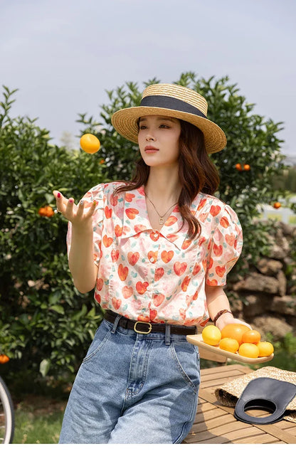 Korean Chic Fashion Women Stylish Blouses Summer French Sweet Retro Floral Polo-neck Puff Sleeves Tops MXB27C0450