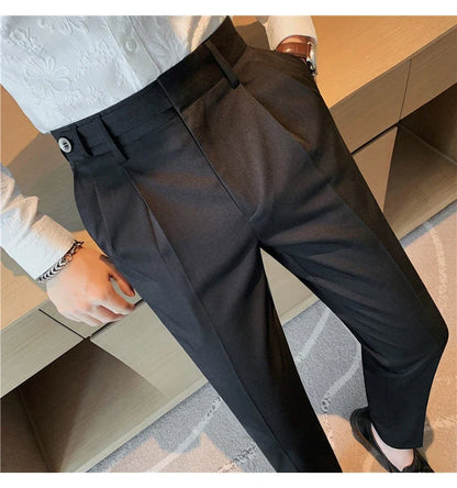Autumn Winter High Quality Solid Casual Pants Men Belt Design Slim Fit Trousers Formal Office Business Social Party Suit Pants