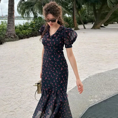 Floral Print Women's Summer Ruffle Dress Sexy V-neck Short Puff Short Sleeve Beach Slim Female Dress 2026 Holidays Lady Robe