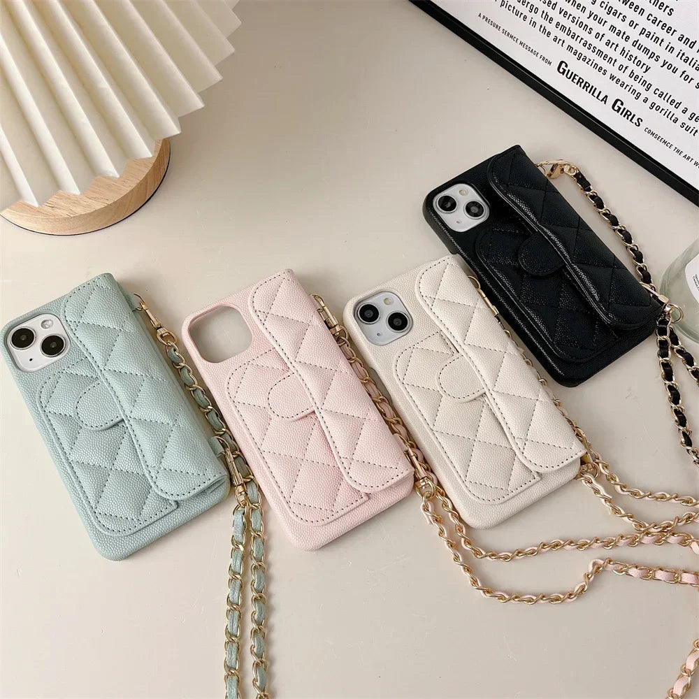 Crossbody Lanyard Wallet Phone Case For iPhone 15 14 13 16 Pro Max Card Holder Necklace Chain Luxury  Leather ( NO LOGO)