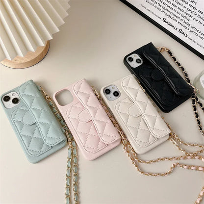 Crossbody Lanyard Wallet Phone Case For iPhone 15 14 13 16 Pro Max Card Holder Necklace Chain Luxury  Leather ( NO LOGO)