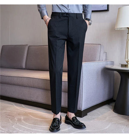 New Korean Style Fashion Striped Embroidery Suit Pants Men's Business Slim Casual Straight Pants Formal Wedding Party Trousers