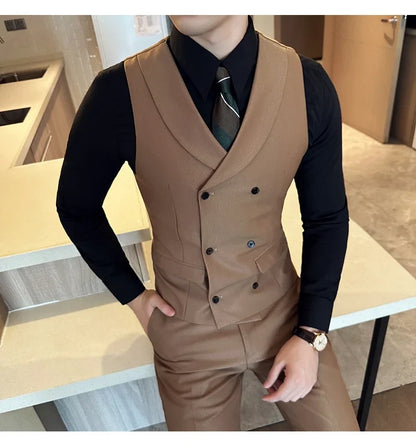 ( Vest + Pants) Men's Double-breasted Suit Vest 2 Pieces Set High Quality Business Casual Fashion Groom Wedding Dress Vest Sets