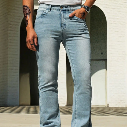 Men's Vintage Light Blue / Black Flare Jeans, Slim Straight Leg Raw Hem Casual Denim Pants