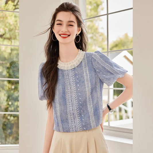 Color Contrasting Lace Shirt 2025 Summer Elegant Simple Round Neck Short Sleeve Lace Collar Decorative Shirt