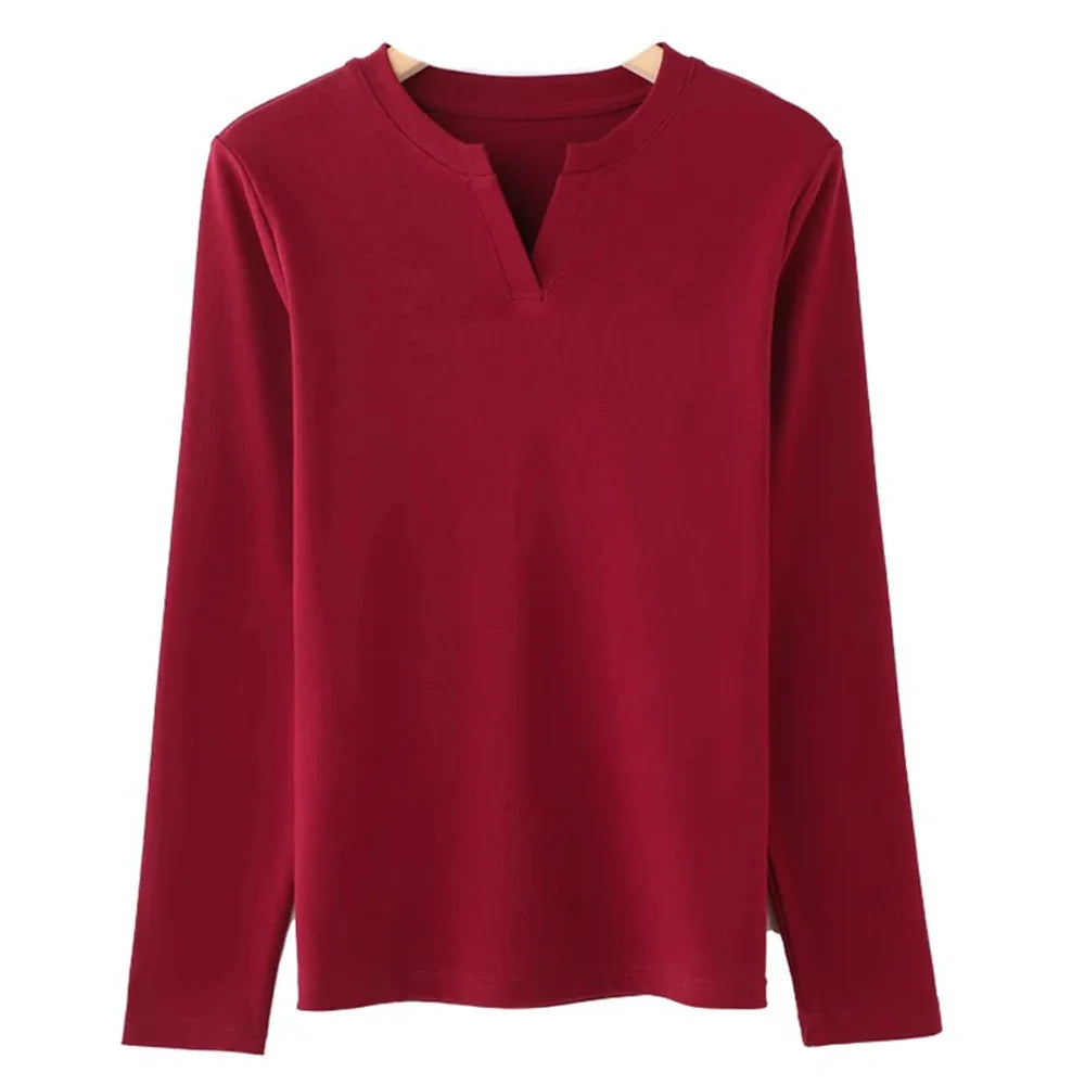 Spring and Autumn All Seasons Women's Long sleeved T-shirt Wine Red Pure Cotton New Fashion Large V-neck Slim fit Casual Top 3XL