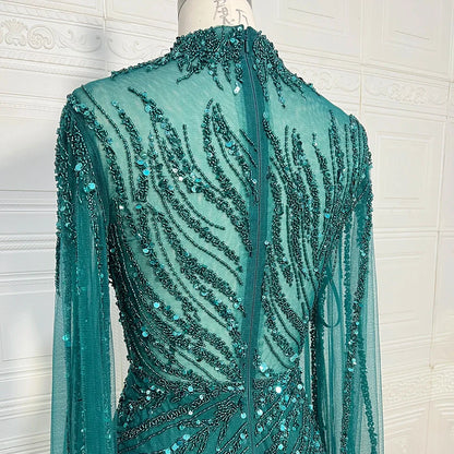 Luxury Saudi Arabia Mermaid Beaded Cape Sleeves High-Neck Evening Dresses 2025 Dubai Party Gowns for Women Wedding Customized