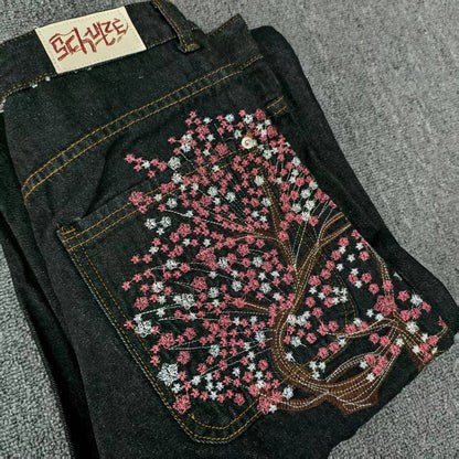 Y2K 2000s Cherry Blossom Pocket Embroidery Fashion Hip Hop Loose Men And Women Clothing Retro Casual Wide Leg Streetwear