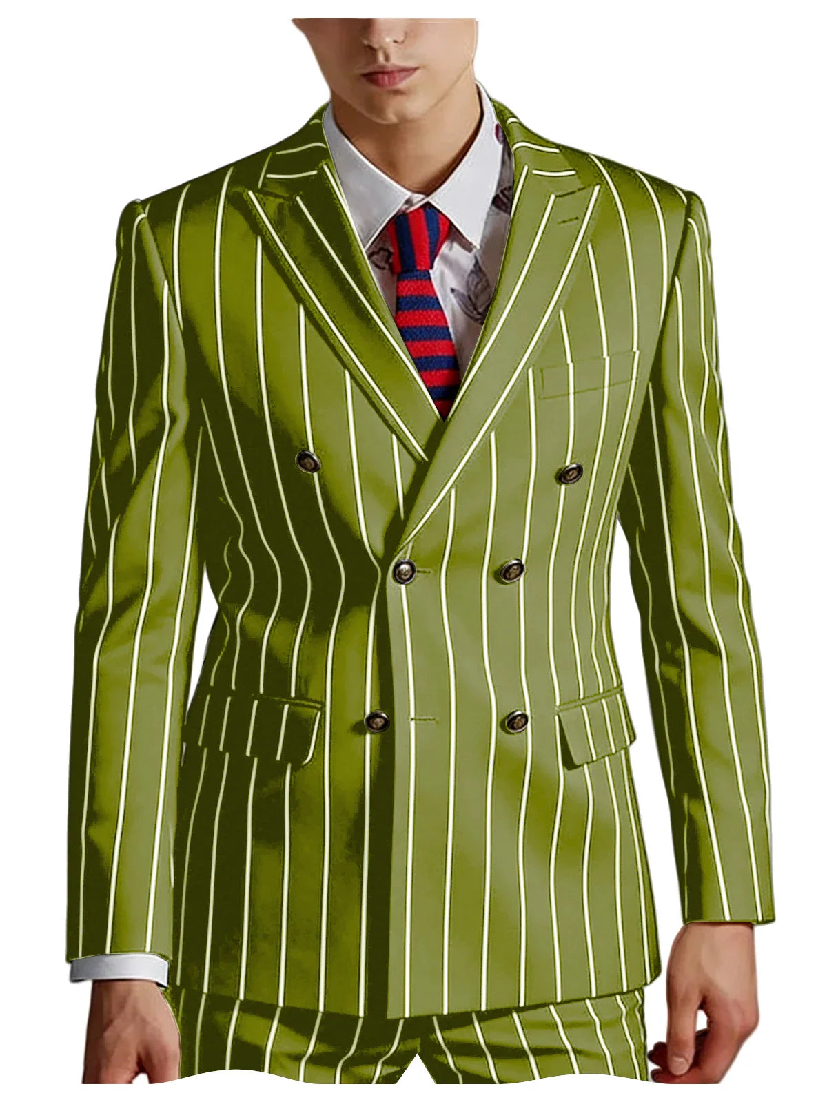 Men's Pinstripe 2 Piece Suit Set Double Breasted Peak Lapel Slim Fit Striped Tuxedo Suit For Wedding Prom Business Formal