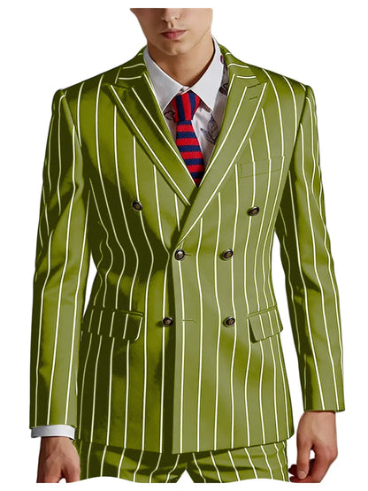 Men's Pinstripe 2 Piece Suit Set Double Breasted Peak Lapel Slim Fit Striped Tuxedo Suit For Wedding Prom Business Formal