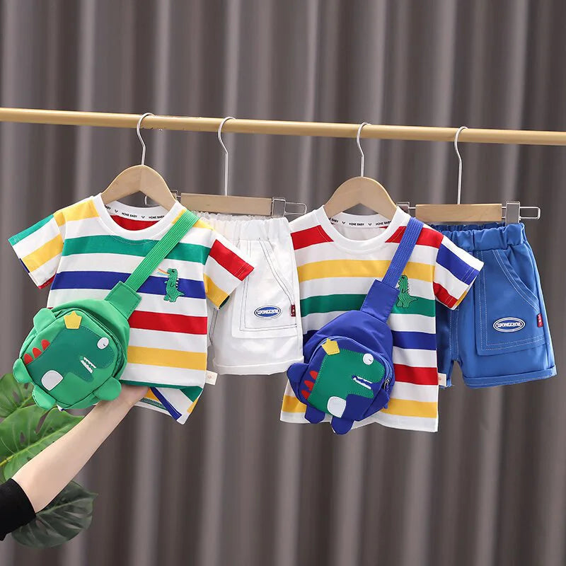 Summer Baby Boys Clothes Set Children Striped Cartoon T-Shirt Pants Bag 3Pcs/Sets Kids Girls Clothing Infant Costume Traksuits