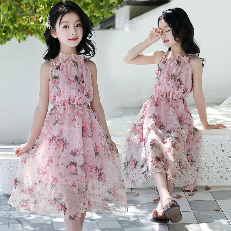 Summer Girls Flower Dress Kids Girl Beach Dresses Chiffon Kids Dresses Floral Teenager Girls Clothes 6 8 10 12 14 Year