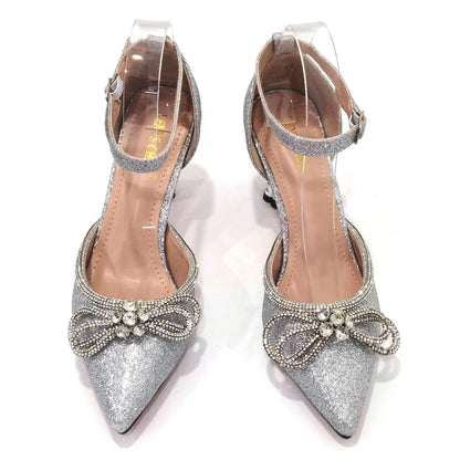 2023 Ladies Pointed-Toe Party High Heels Magenta Colour Bow Rhinestone Stereo Bag Evening  African Wedding Shoe And Bag Set
