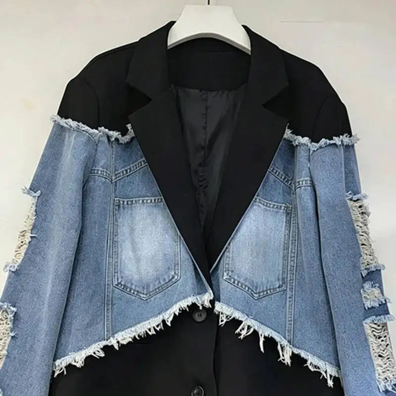 2026 Autumn Elegant Style Faux Two-piece Suit Jacket For Women Raw Edges Ripped Denim Patchwork Loose-fit Blazer 29A9124