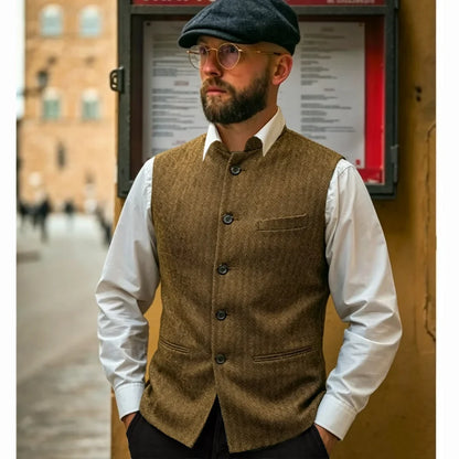 Plus Size Men's Herringbone Vest Standing Collar Woolen Blended Vest Best Mens Clothing Business Banquet Home Casual Waistcoat